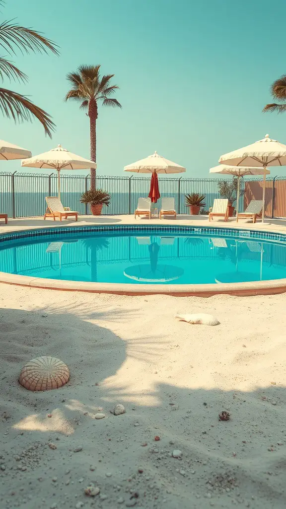 21+ Unique Stock Tank Pool Ideas for Your Backyard Oasis 14 A stock tank pool surrounded by sand, palm trees, and lounge chairs, evoking coastal beach vibes.