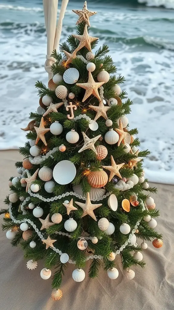 19 Unique Christmas Tree Ideas to Brighten Your Holidays 6 A coastal-themed Christmas tree decorated with seashells and starfish, set against a beach backdrop.