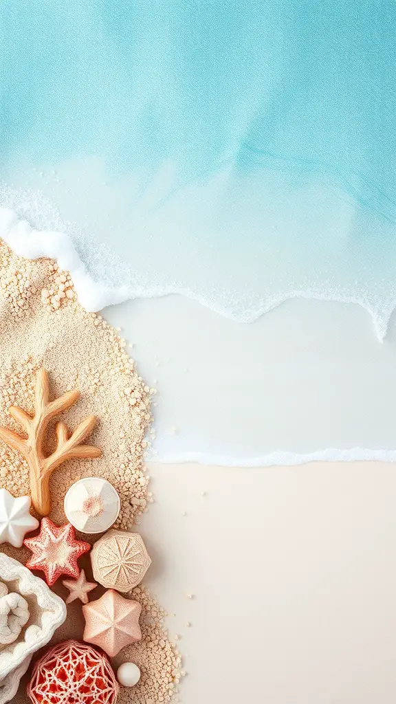 21 Coastal Baby Shower Theme Ideas You’ll Love 7 A serene beach scene with soft blue waves, sandy shore, and decorative seashells and coral.