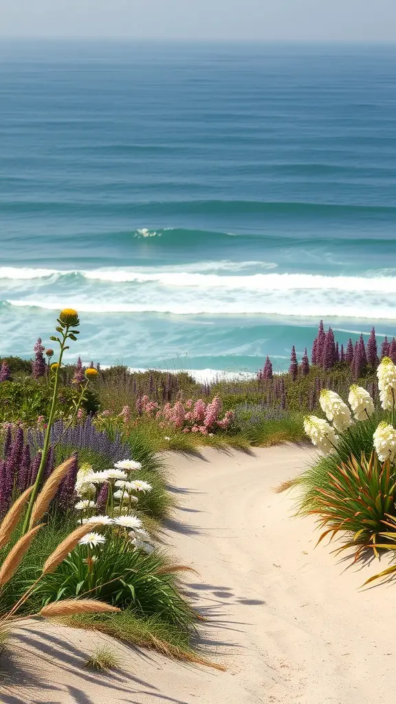 15 Inspiring Perennial Garden Design Ideas to Transform Your Space 16 A coastal perennial garden with colorful flowers and a sandy pathway leading to the ocean.