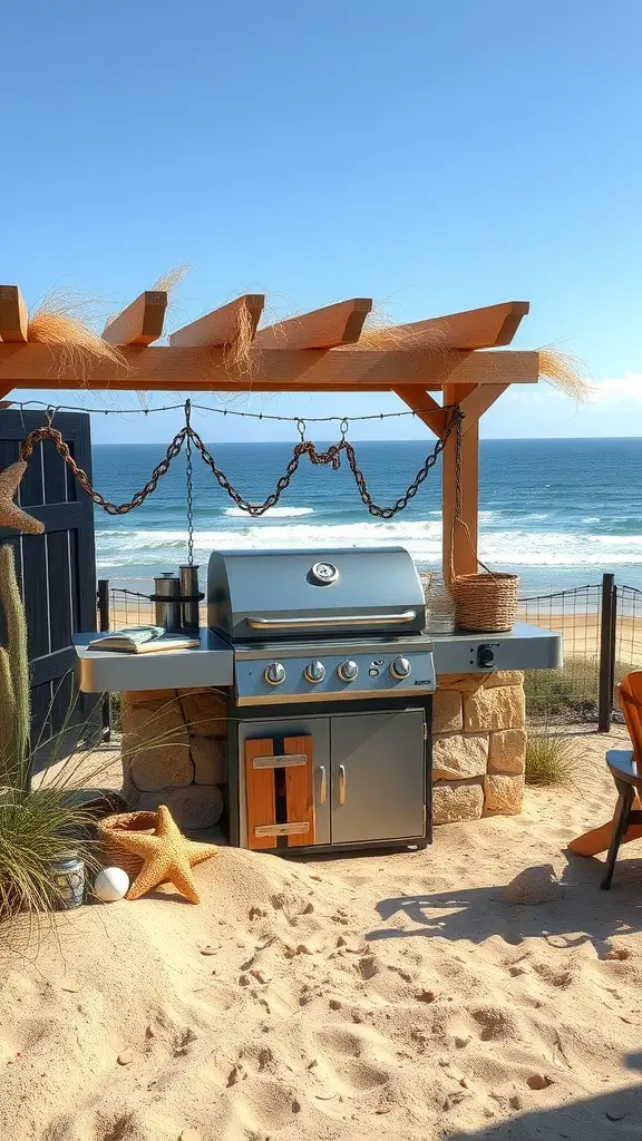 A beach grill area with a modern grill, sandy surroundings, and an ocean view.