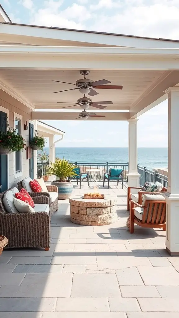 27 Cozy Outdoor Covered Patios with Fireplaces for Ultimate Comfort 17 Outdoor patio with ocean view, featuring a fire pit and comfortable seating