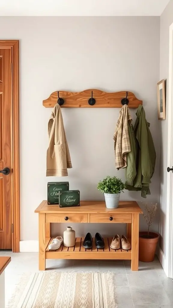 A wooden coat rack with hooks and a storage bench in a cozy entryway.