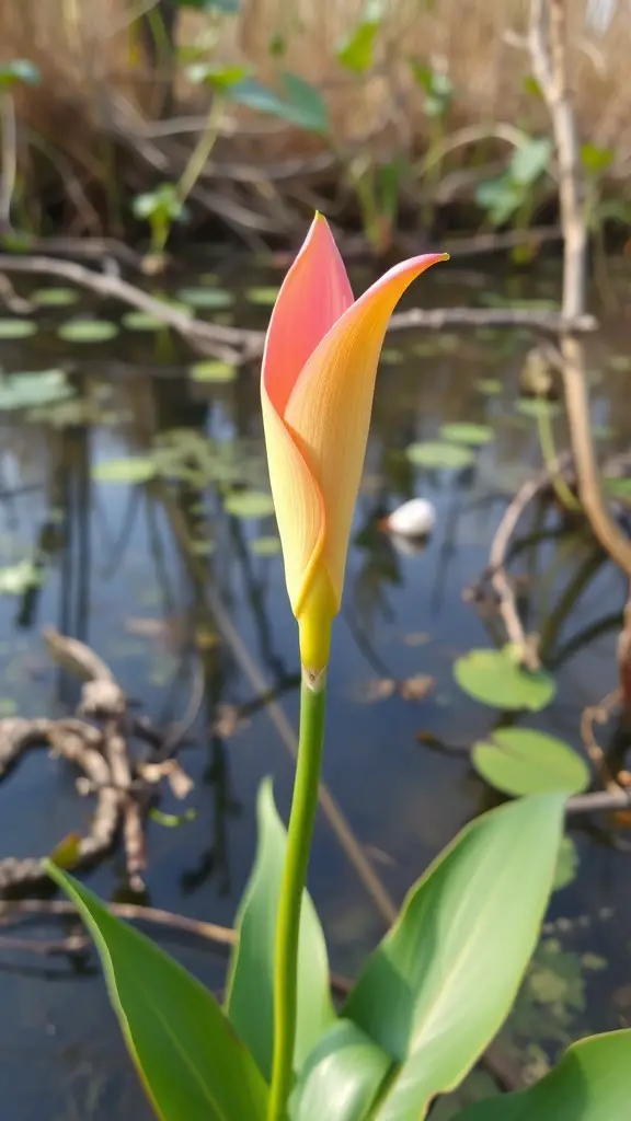 A Cobra Lily with vibrant yellow and pink colors, standing tall in a wetland environment.