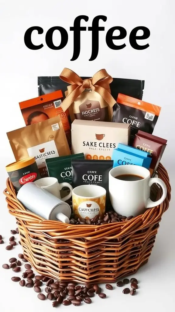 15 Creative Dollar Tree Gift Basket Ideas for Any Occasion 6 A gift basket filled with various coffee packets, mugs, and coffee beans.