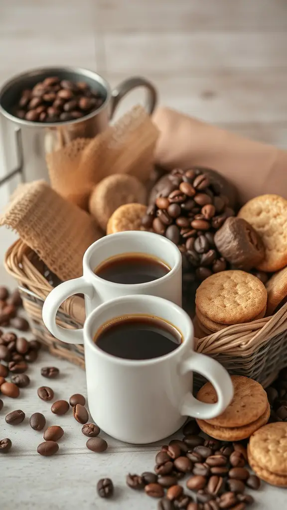 19 Creative Raffle Basket Ideas You’ll Love 2 A basket filled with coffee, cookies, and coffee beans, featuring two cups of coffee.