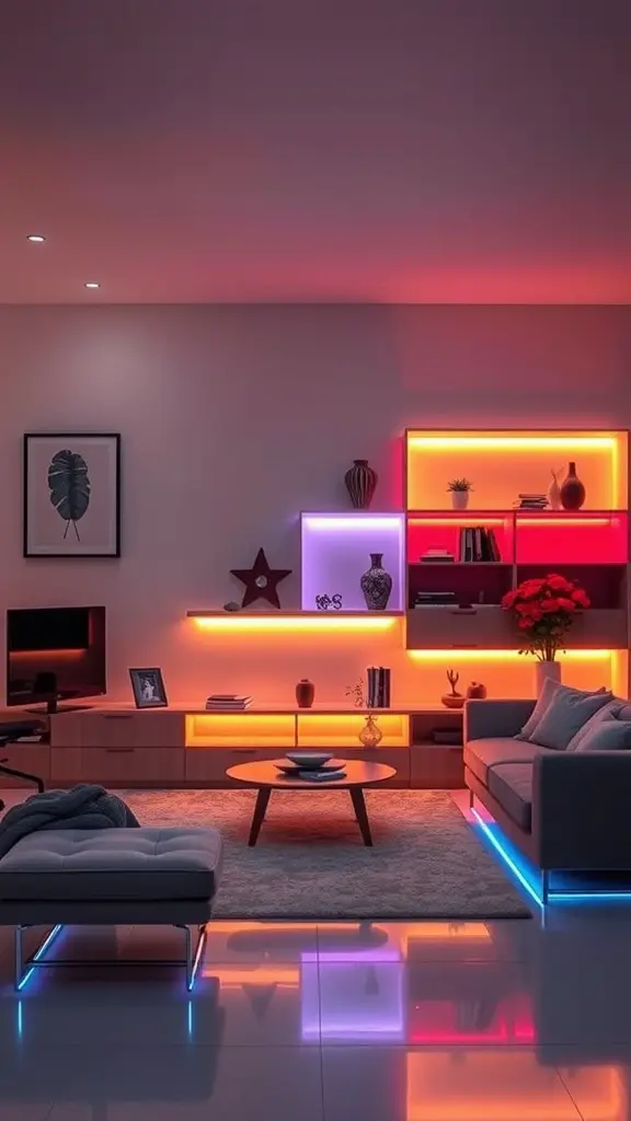 A modern living room with color-changing LED strip lights illuminating shelves and furniture.