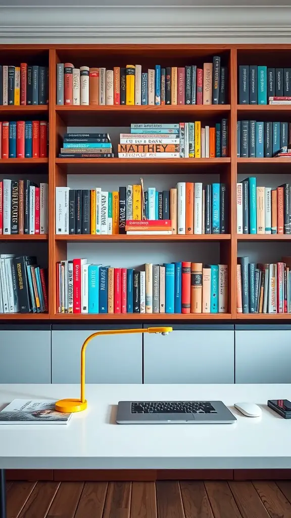 23+ Creative Book Storage Ideas for Every Space 5 A color-coded bookshelf filled with books of various colors, showcasing an organized and aesthetic appeal.