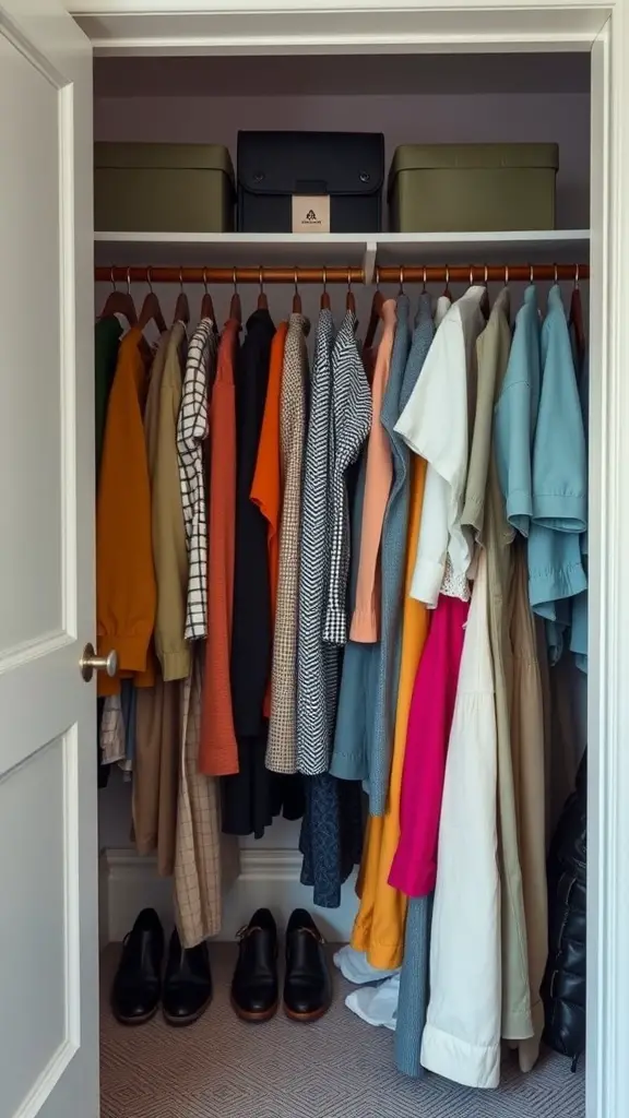 A small walk-in closet with color-coded clothing arrangement and neatly placed shoes.