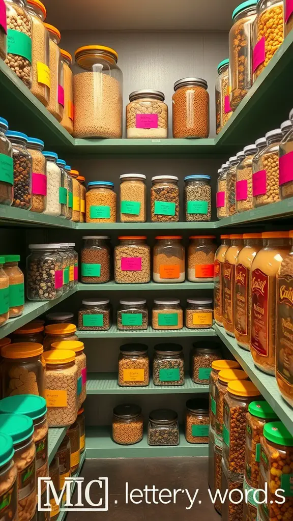 15+ Essential Food Storage Room Ideas for Your Home 7 A color-coded food storage room with jars and containers neatly organized on shelves.