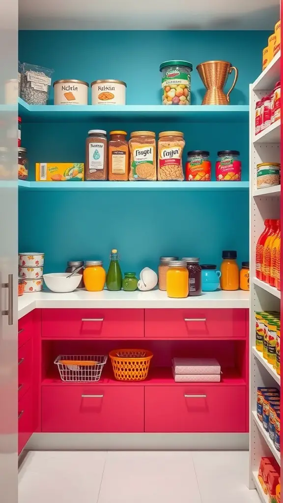 41+Inspiring Pantry Shelving Ideas to Maximize Your Space 5 A colorful pantry showcasing teal walls and pink drawers with organized shelves.