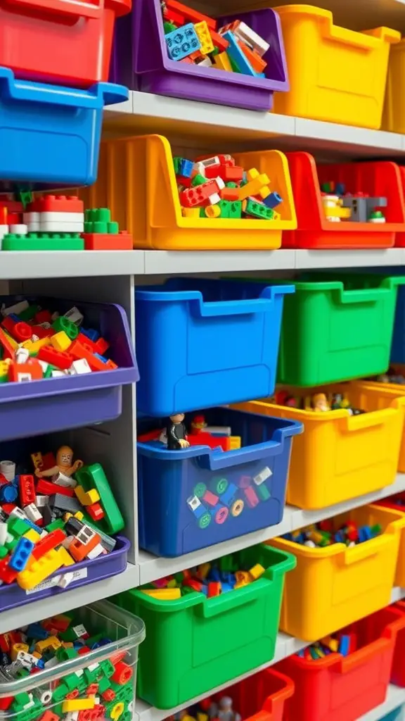 Color-coded storage bins filled with LEGO bricks in various colors.