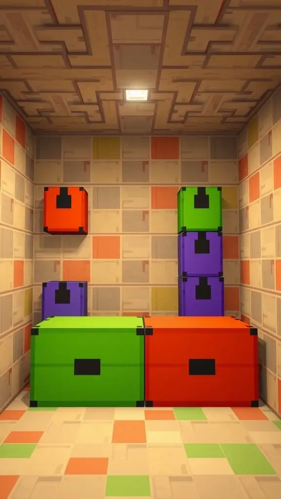 19 Creative Minecraft Storage Room Ideas You Need to Try 16 A colorful Minecraft storage room with chests in green, red, purple, and orange.