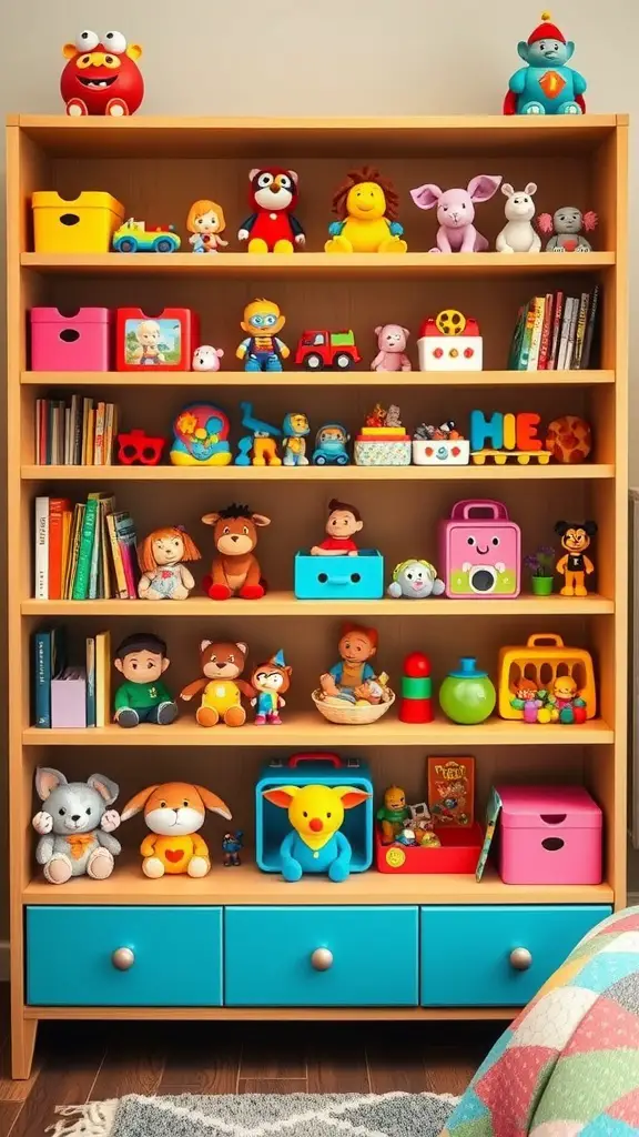 A colorful bookcase filled with toys organized by color, featuring bins and plush toys.
