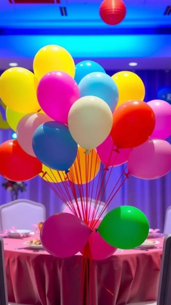 23 Stunning Dollar Tree Centerpieces You Can DIY 9 Colorful balloon centerpiece with various balloons in pink, yellow, green, and blue.