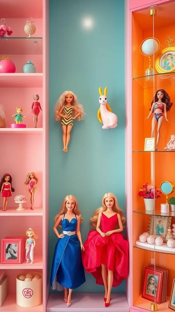 17 Creative Storage Ideas for Your Barbie Collection 17 Colorful display shelves featuring various Barbie dolls in vibrant settings.