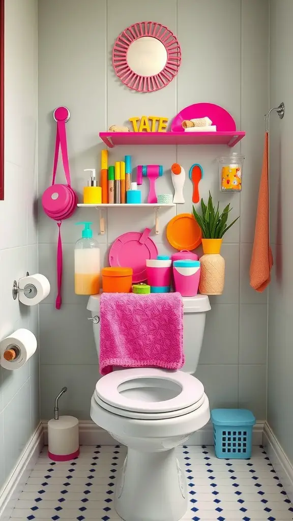 23+Chic Back of Toilet Decor Ideas to Transform Your Bathroom 15 Colorful bath accessories displayed above a toilet, featuring vibrant containers, a plant, and a pink towel.