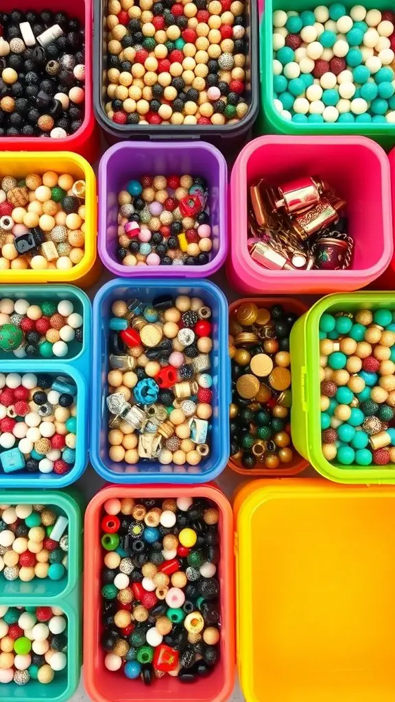 Colorful containers filled with various beads for jewelry making.