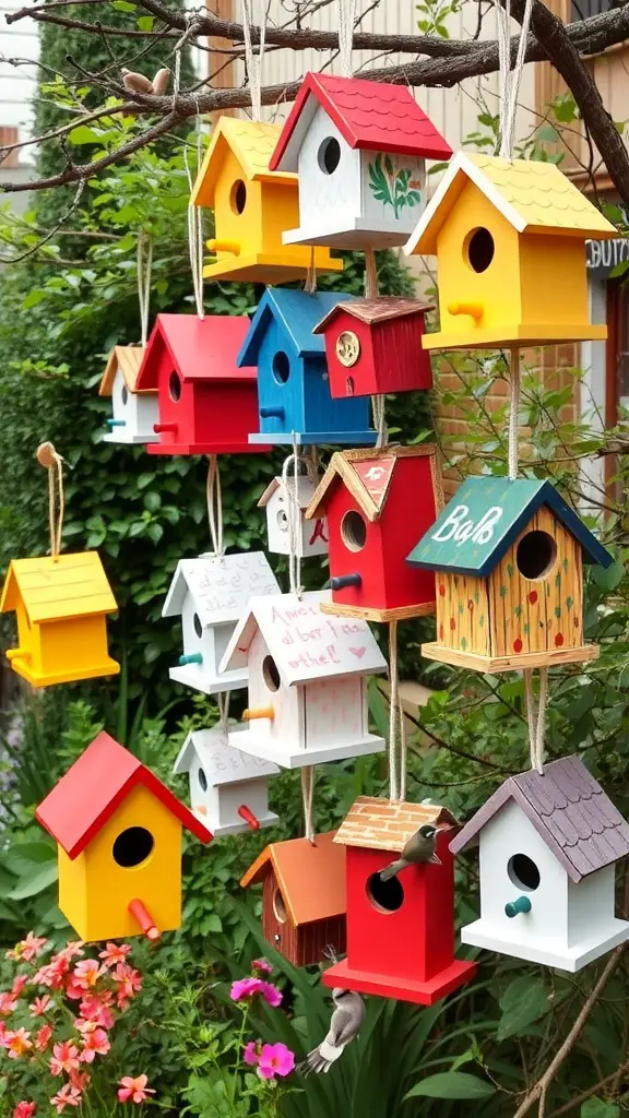 A collection of colorful birdhouses hanging from a tree branch in a garden.
