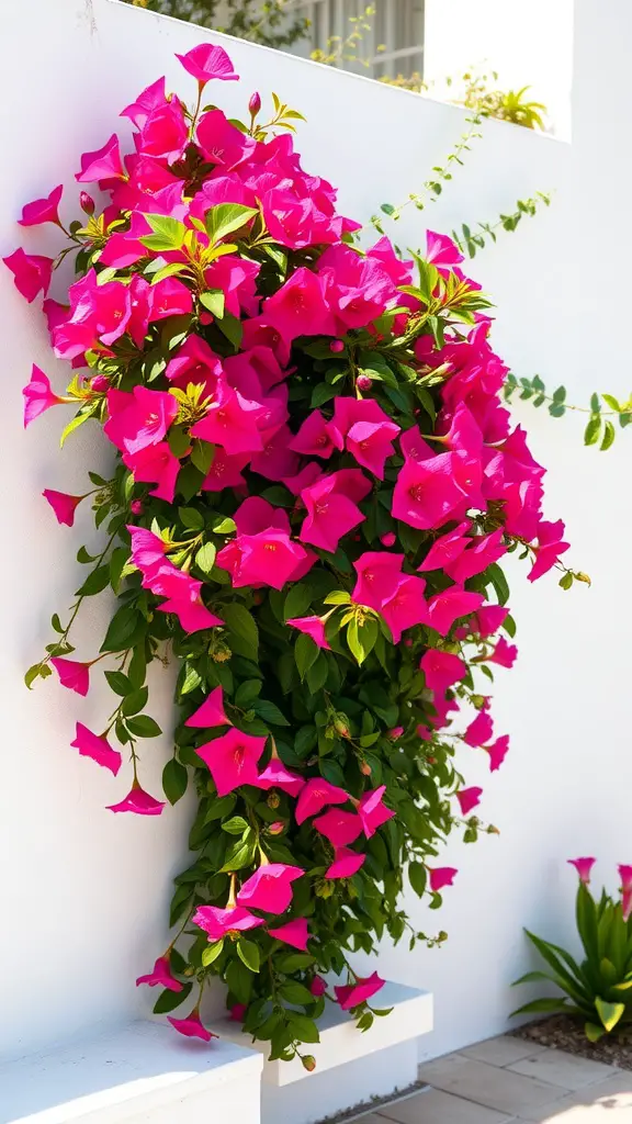 19 Stunning Mediterranean Garden Ideas You’ll Love 4 Vibrant pink bougainvillea flowers draping over a white wall