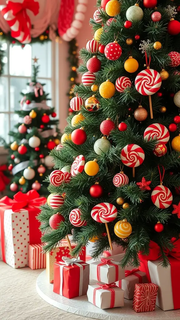 19 Unique Christmas Tree Ideas to Brighten Your Holidays 7 A colorful Christmas tree decorated with candy-themed ornaments and surrounded by presents.