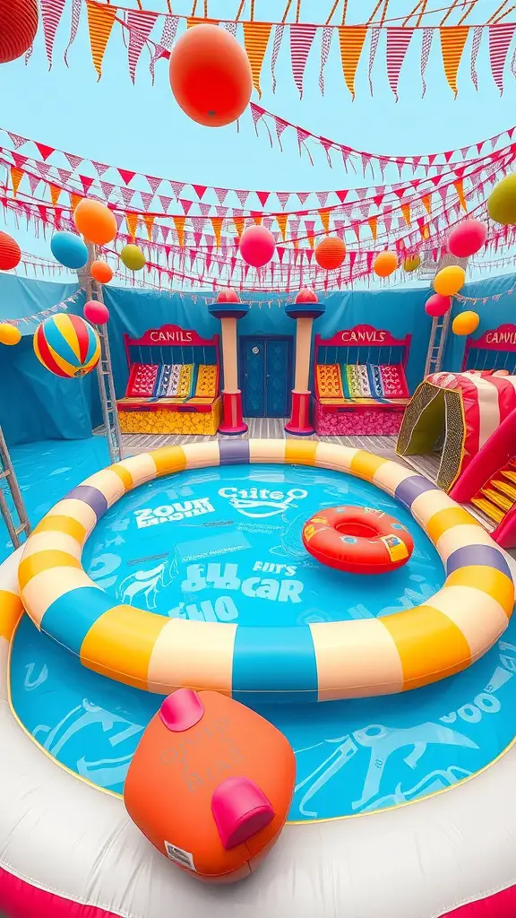 A vibrant inflatable pool party setup with colorful decorations, balloons, and a slide.