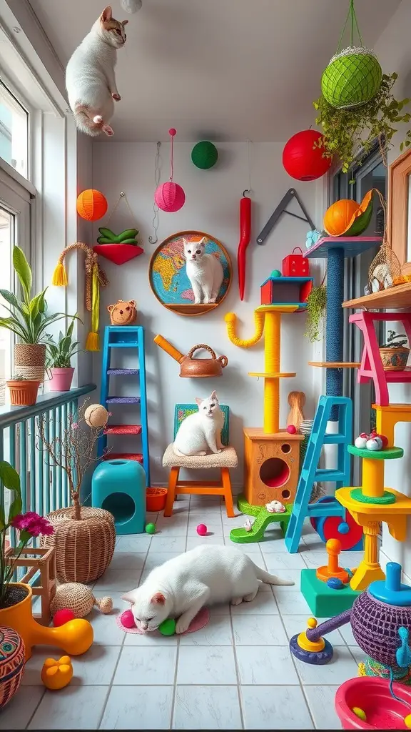 21 Creative Cat Balcony Ideas for a Purr-fect Outdoor Retreat 14 A colorful cat enrichment zone with playful cats, vibrant toys, and climbing structures.