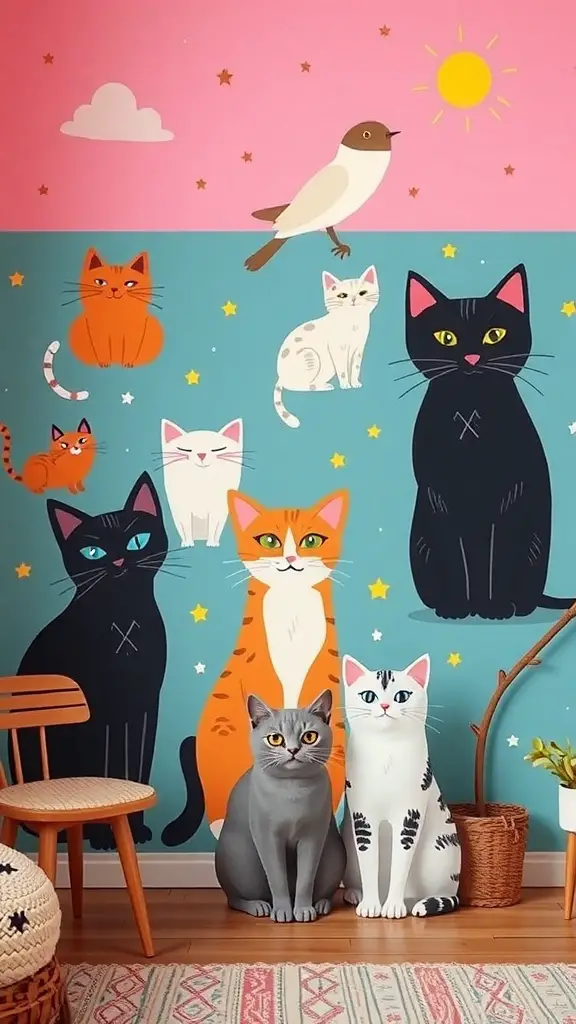 15 Creative Cat Room Ideas You’ll Love 14 Colorful wall art featuring various cartoon cats and a bird on a bright background