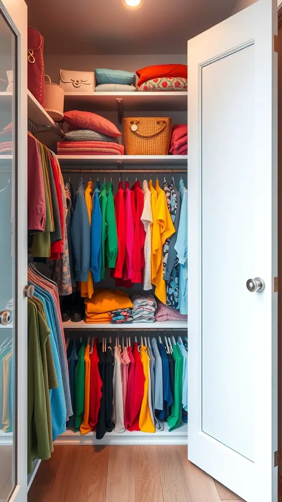 21 Creative Open Closet Ideas for Stylish Organization 3 A colorful open closet displaying neatly arranged clothing in various colors and styles.