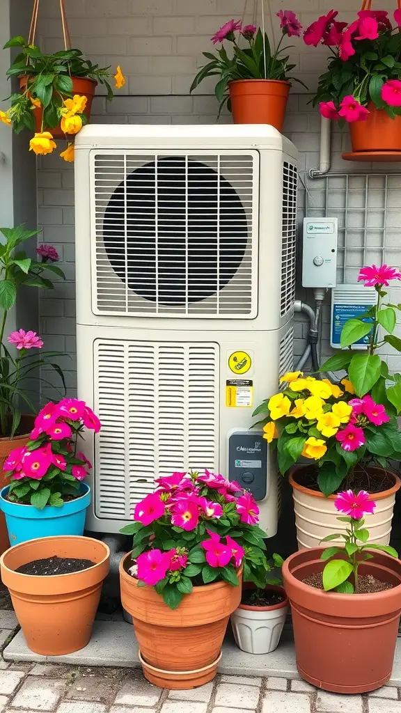 17 Creative Landscaping Ideas to Hide Your AC Unit 6 Colorful flower pots surrounding an air conditioning unit, creating a vibrant outdoor space.