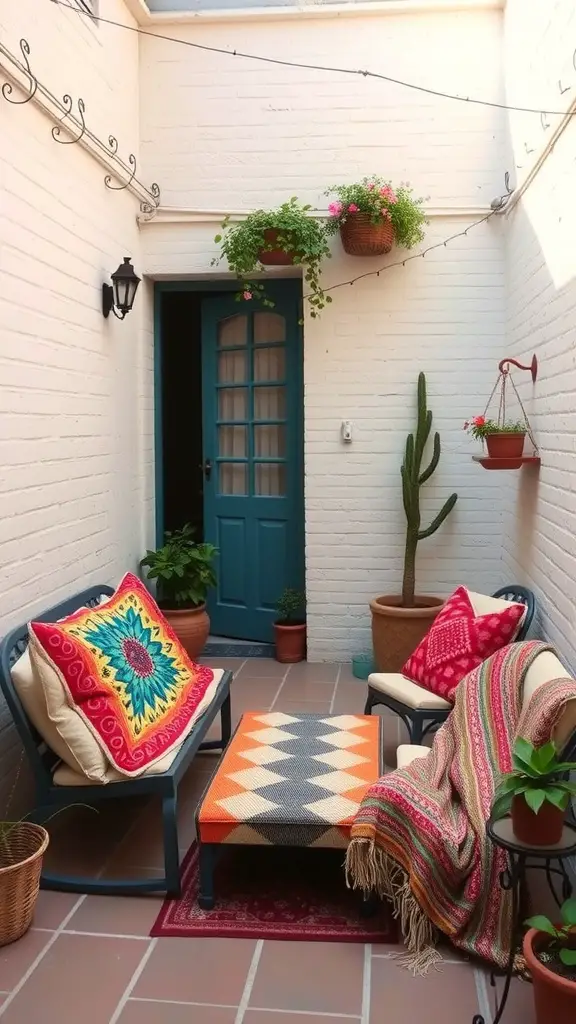 17 Creative Small Apartment Patio Ideas You’ll Love 15 A small patio with colorful cushions and throws on seating, surrounded by plants and a bright blue door.