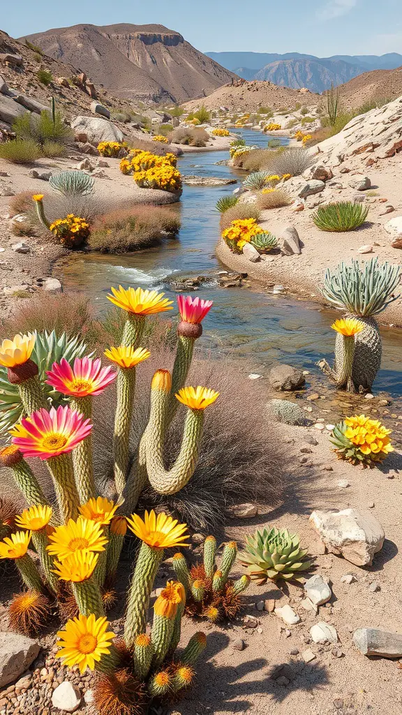 23 Stunning Dry Riverbed Landscaping Ideas to Transform Your Outdoors 10 Colorful desert flora in a dry riverbed with blooming cacti and flowers