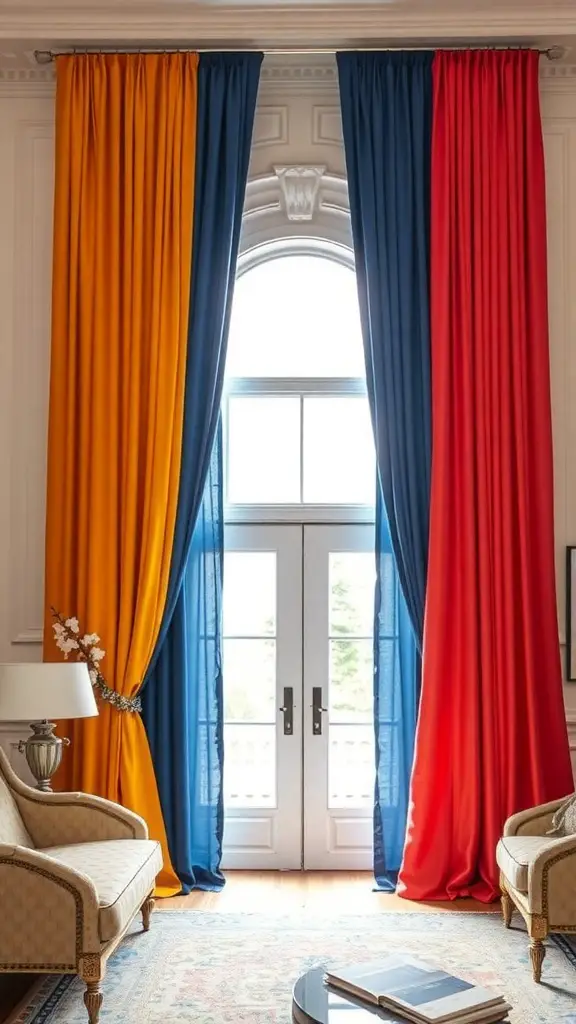 21 Creative French Door Privacy Ideas for Your Home 15 Colorful drapes in yellow, blue, and red framing French doors in a stylish living room.