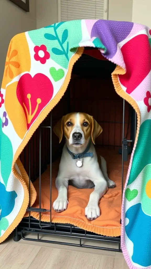 17+ Creative Dog Crate Ideas for Stylish Pet Spaces 13 A dog resting inside a crate covered with a colorful fabric cover featuring flowers and hearts.
