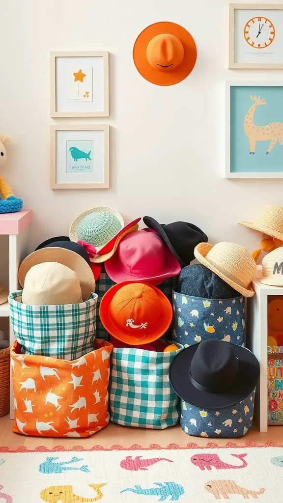 19 Creative Hat Rack Ideas for Your Home 15 Colorful fabric baskets filled with various hats in a bright room setting