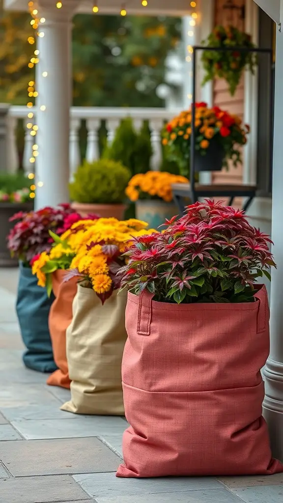 21 Gorgeous Fall Planters to Brighten Your Garden 14 Colorful fabric planter bags filled with flowers on a porch