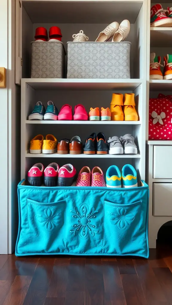 21+Creative DIY Shoe Rack Ideas to Organize Your Space 5 Colorful fabric shoe cubbies with various shoes organized on shelves