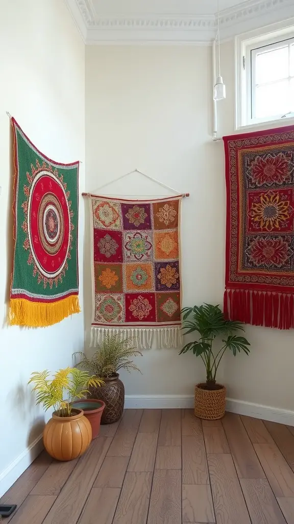 21 Creative Dollar Tree DIY Home Decor Ideas 6 Colorful fabric wall hangings displayed on a wall with plants in pots