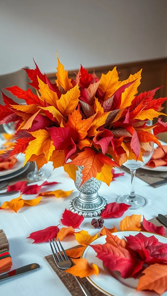 17 Stunning Fall Centerpieces for Your Dining Table 17 A colorful fall leaf table setting featuring a vibrant centerpiece of red, orange, and yellow leaves in a silver vase, with scattered leaves and rustic place settings.