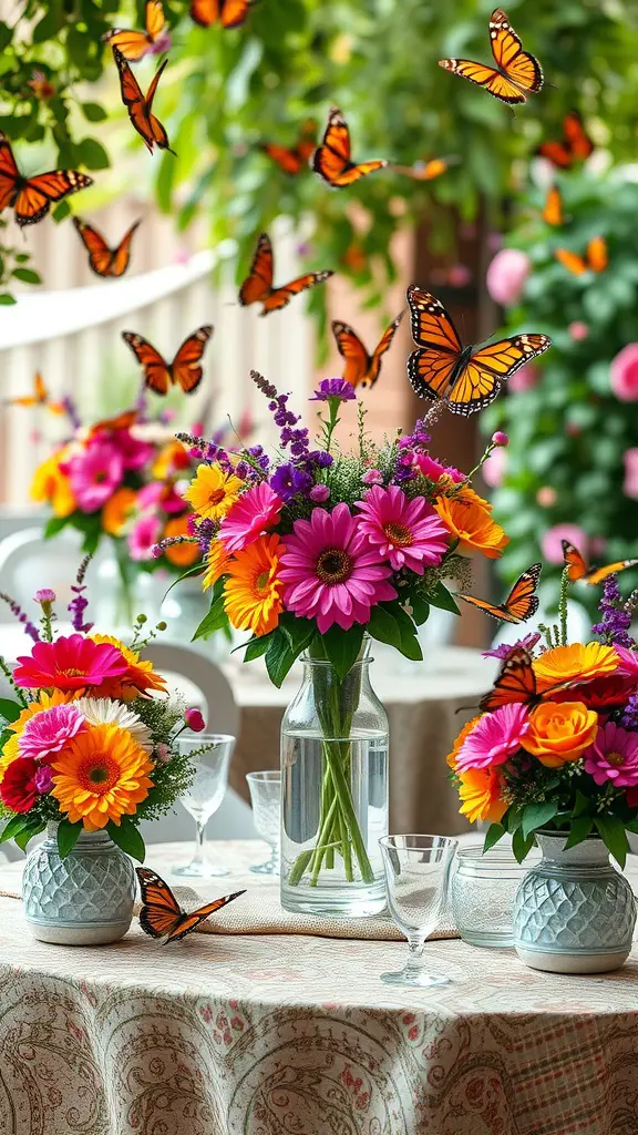 19 Whimsical Garden Party Ideas for Unforgettable Celebrations 24 Colorful floral centerpieces with butterflies at a garden party