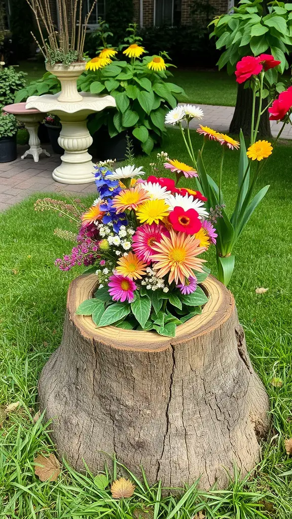 Colorful flower arrangement in a tree stump planter surrounded by green grass and other plants.