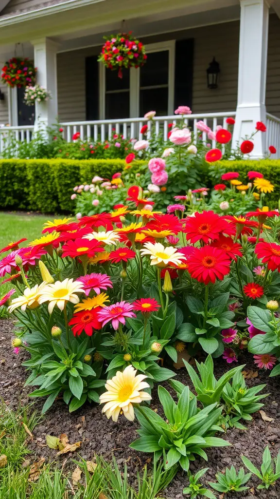 17 Stunning Front Yard Landscaping Ideas for a Beautiful Home Exterior 7 Colorful flower beds with red, yellow, and pink flowers in front of a house