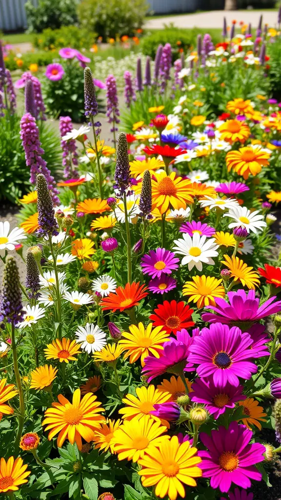 A vibrant flower border with a mix of colorful flowers including daisies, purple blooms, and more.