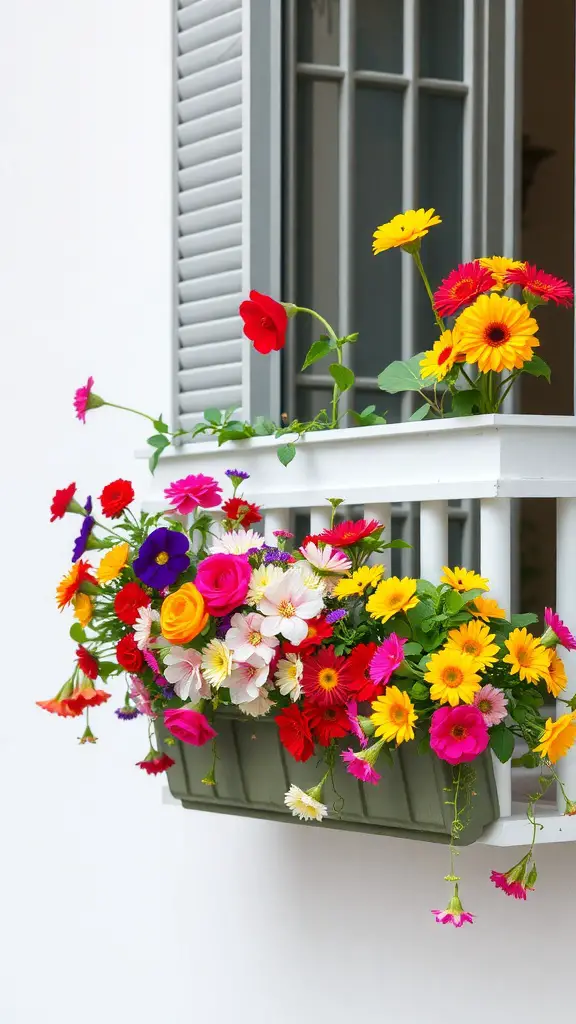 23 Creative Balcony Railing Planters to Transform Your Outdoor Space 10 Colorful flower display in a balcony planter with various flowers including gerbera daisies, roses, and petunias.