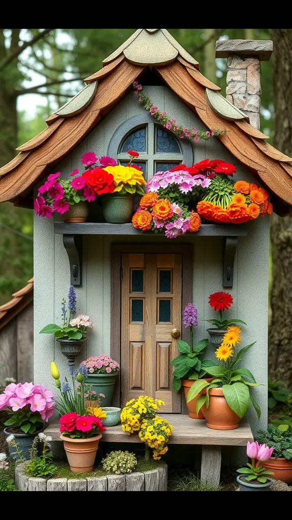 A whimsical tree stump fairy house with a colorful flower pot balcony, featuring various vibrant flowers and a cozy wooden door.