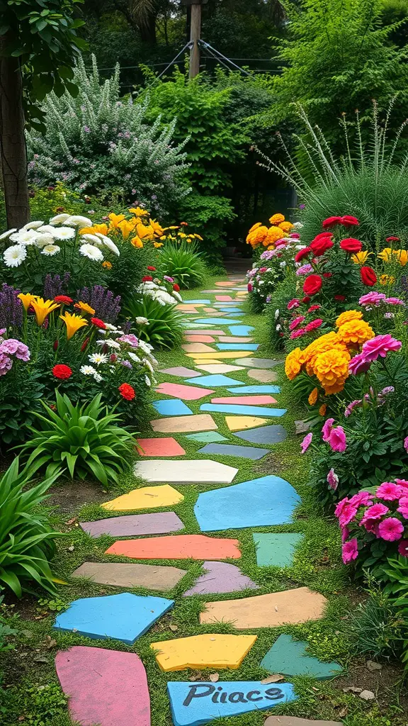A colorful garden pathway made of painted stones surrounded by vibrant flowers.