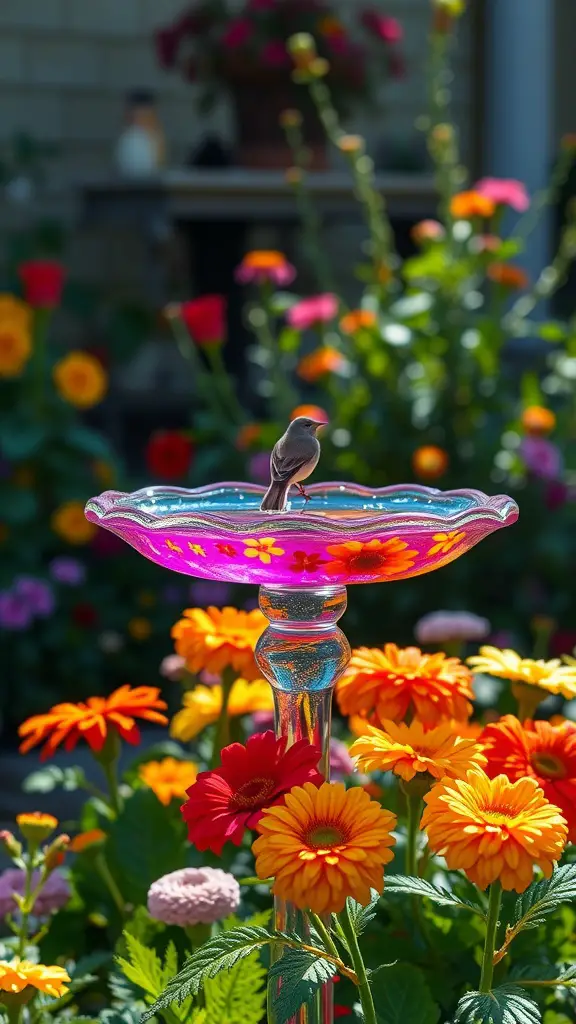 21 Creative Bird Bath Ideas for Stunning Landscaping 15 A colorful glass bird bath surrounded by vibrant flowers in a garden.