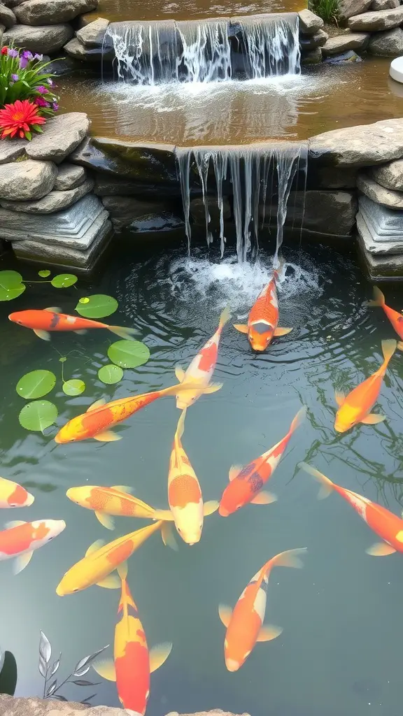 A colorful koi pond with a gentle waterfall, featuring vibrant koi fish swimming and surrounded by flowers and lily pads.