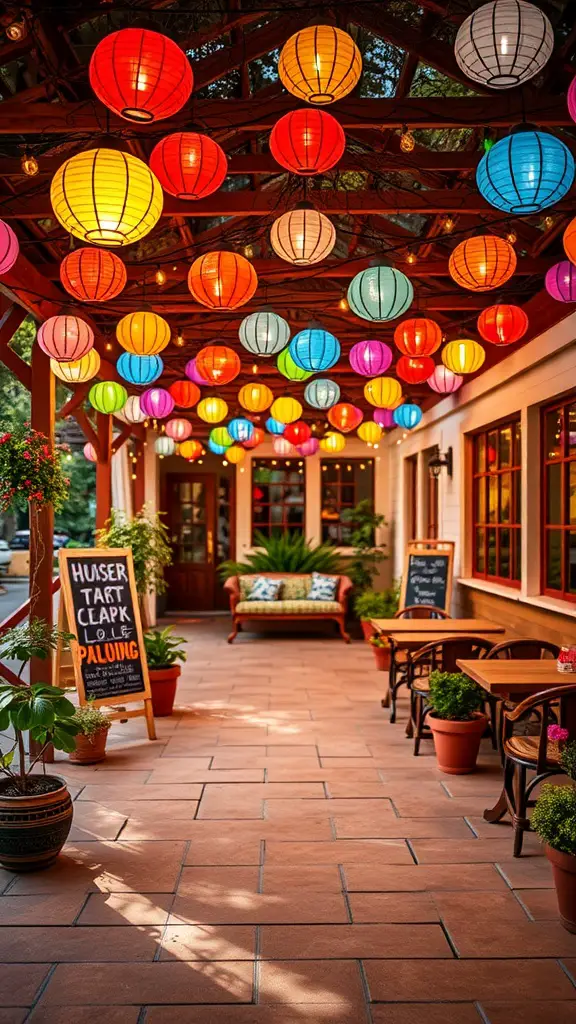 23+ Creative Patio String Light Ideas to Transform Your Outdoor Space 10 A vibrant patio decorated with colorful lantern string lights, showcasing a cozy seating area and potted plants.