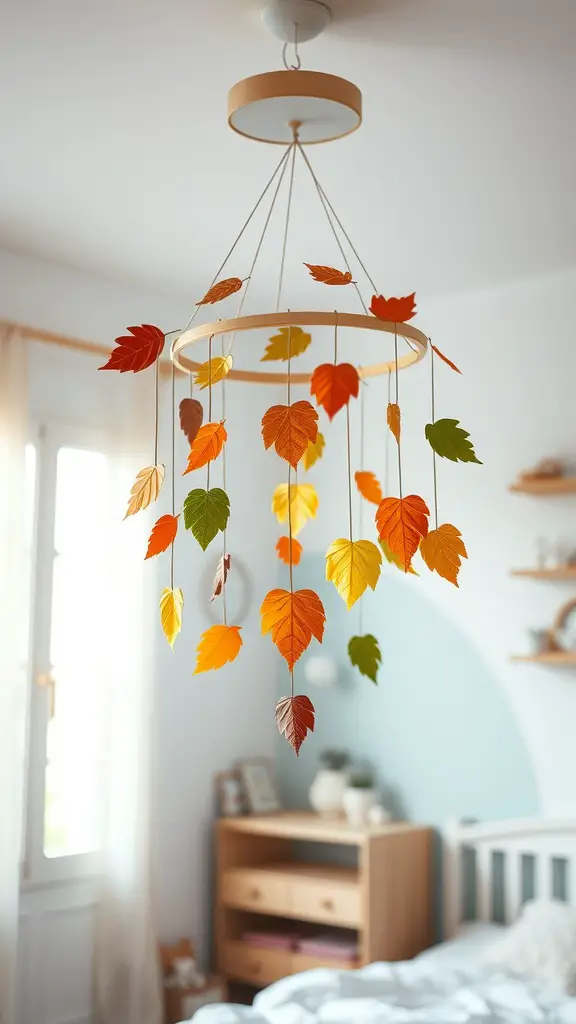 17 Creative Fall Leaves Decor Ideas for a Cozy Autumn Home 17 A colorful leaf mobile hanging in a kids' room, featuring vibrant leaves in shades of orange, yellow, and green.